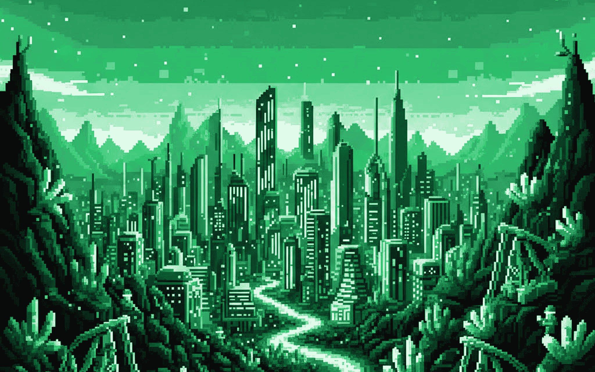 Ciudad en pixel art rodeada de cristales, escenario del juego Dimensional Pulse