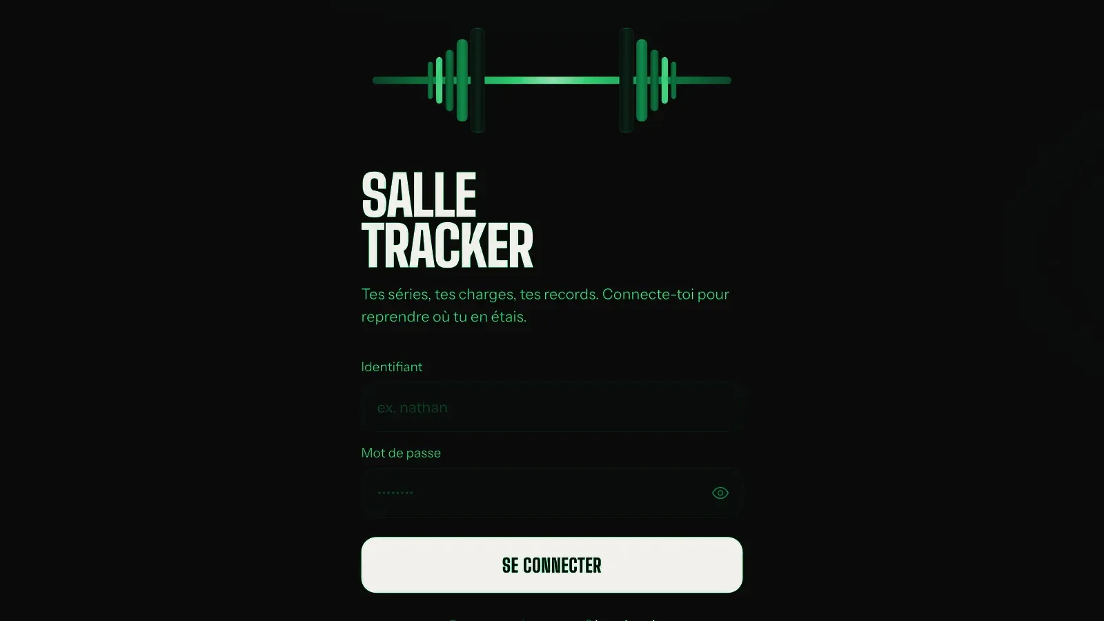 Écran de connexion de Salle Tracker, application de suivi musculation